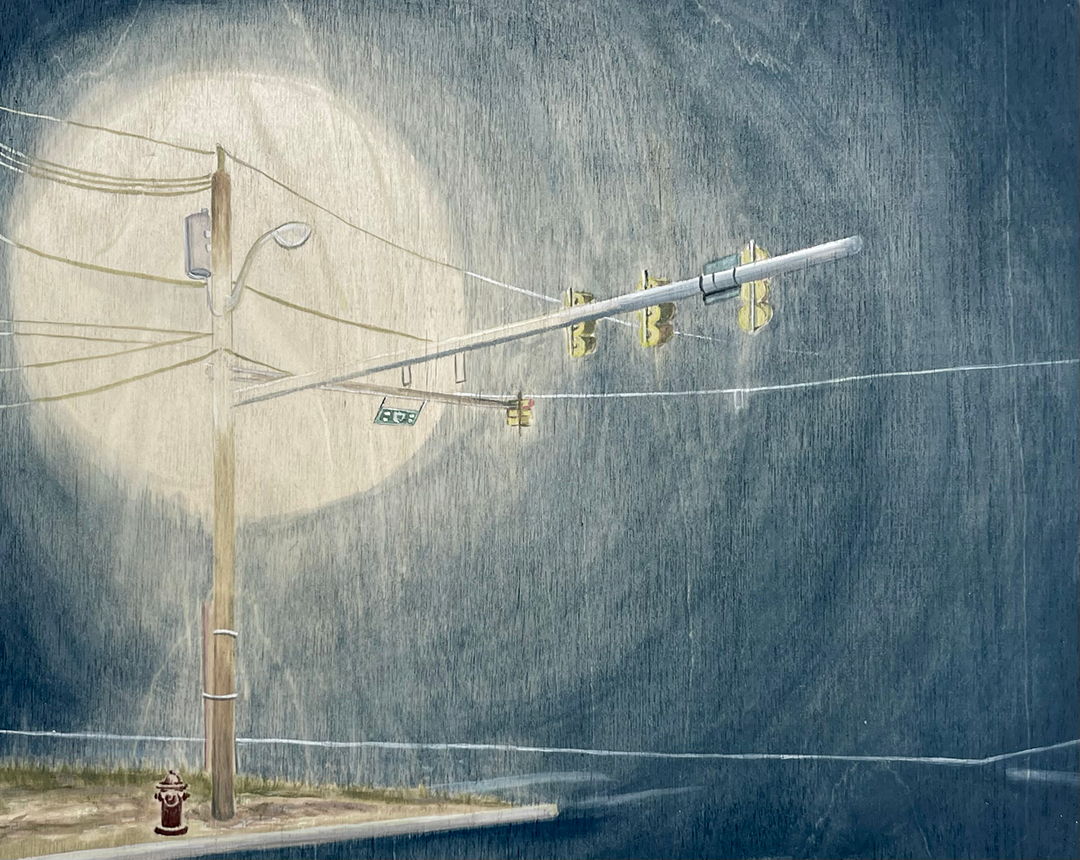 A painting of a pole of traffic lights from behind. A big moon in a dark blue sky floats behind the telephone pole supporting the lights.